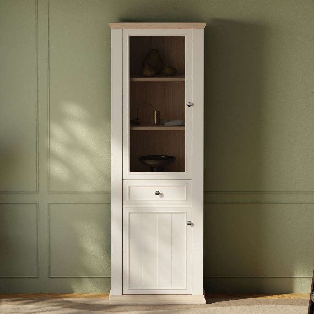 Vetrina Essenza con 1 anta a vetro 1 cassetto e 1 anta in stile classico colore bianco e rovere