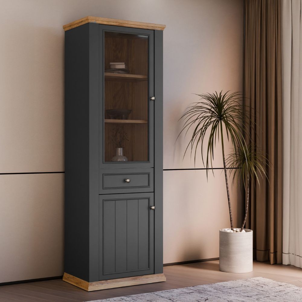 Vetrina Essenza con 1 anta a vetro 1 cassetto e 1 anta in stile classico colore grigio scuro e rovere