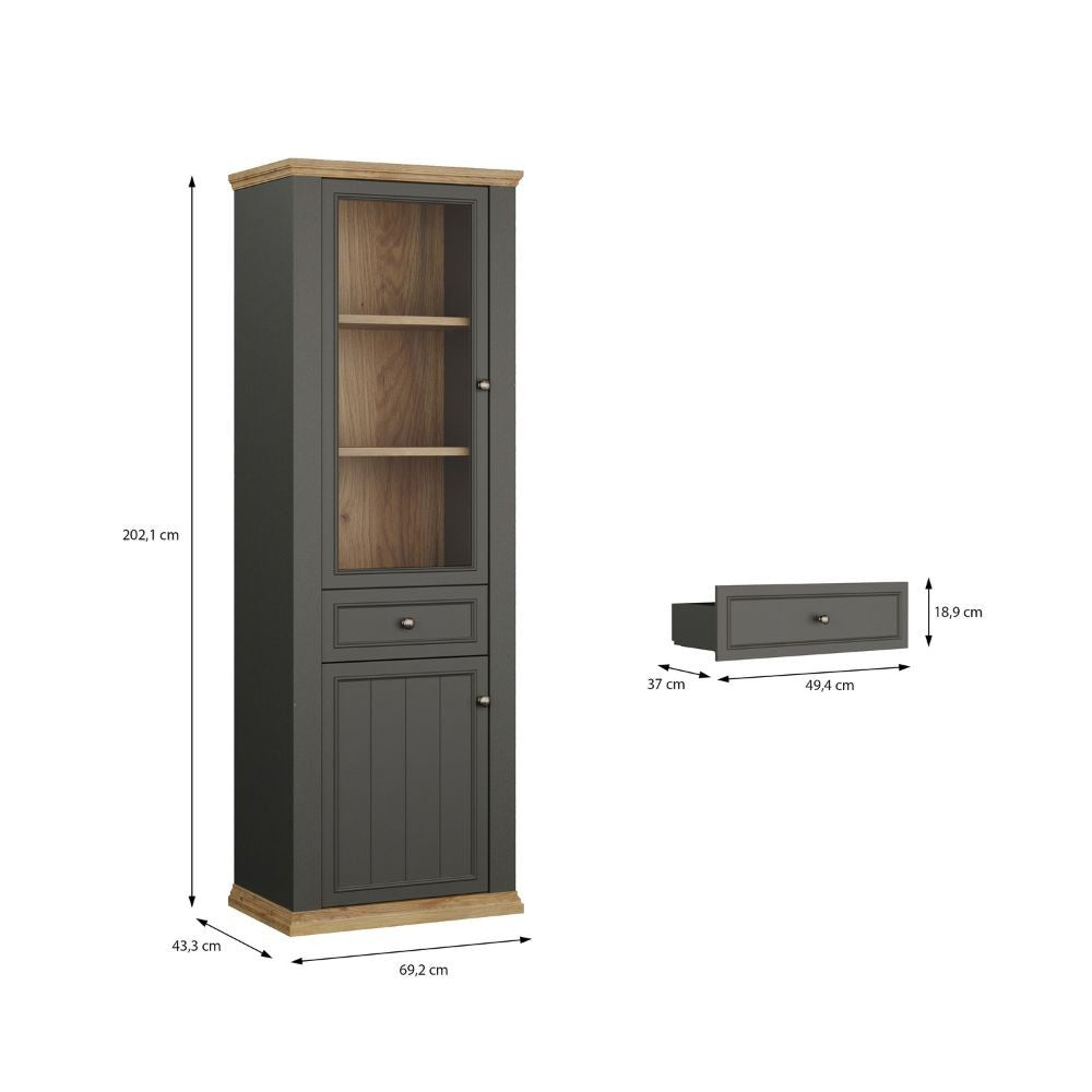 Vetrina Essenza con 1 anta a vetro 1 cassetto e 1 anta in stile classico colore grigio scuro e rovere