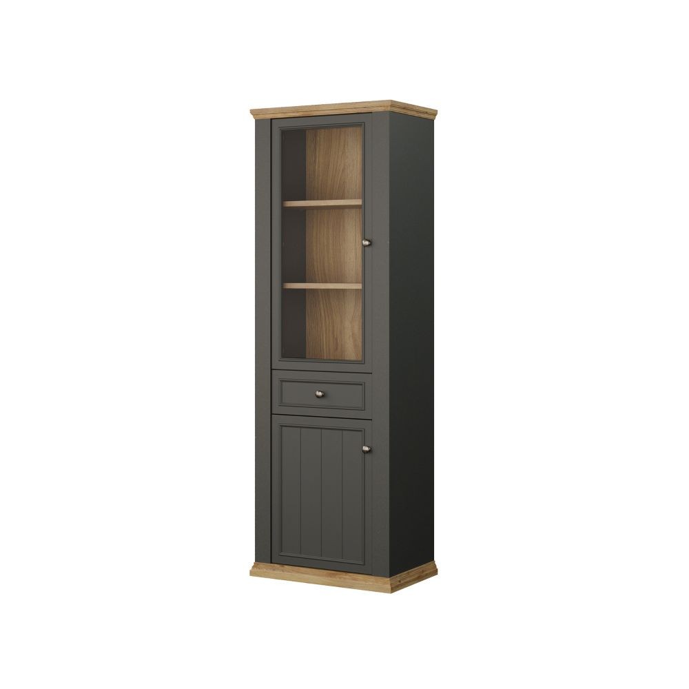 Vetrina Essenza con 1 anta a vetro 1 cassetto e 1 anta in stile classico colore grigio scuro e rovere