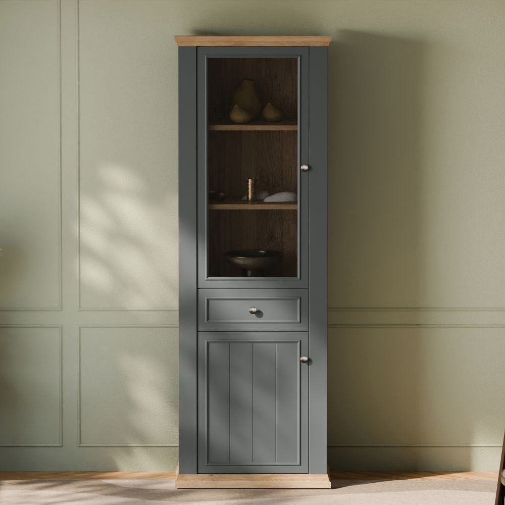Vetrina Essenza con 1 anta a vetro 1 cassetto e 1 anta in stile classico colore grigio scuro e rovere