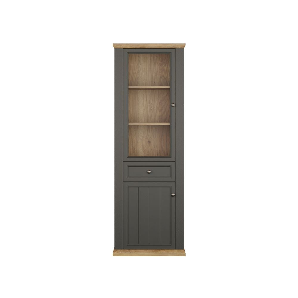 Vetrina Essenza con 1 anta a vetro 1 cassetto e 1 anta in stile classico colore grigio scuro e rovere