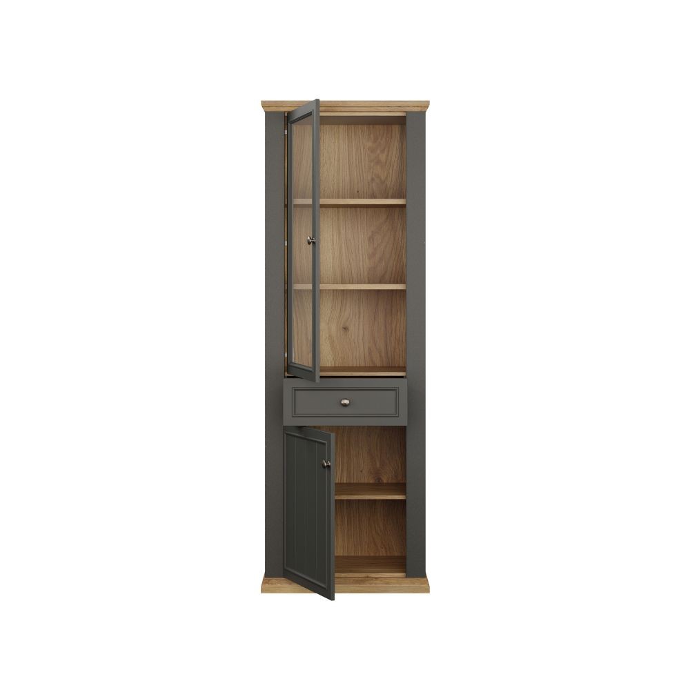 Vetrina Essenza con 1 anta a vetro 1 cassetto e 1 anta in stile classico colore grigio scuro e rovere