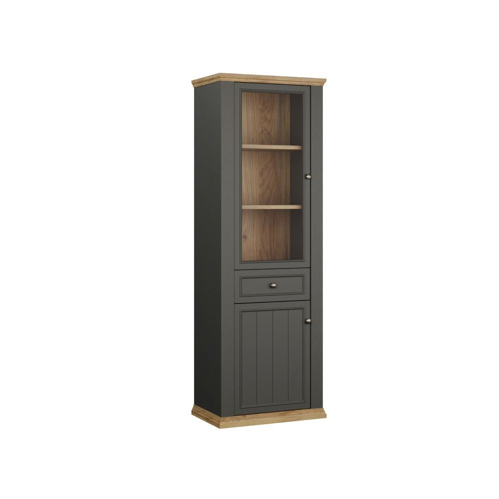 Vetrina Essenza con 1 anta a vetro 1 cassetto e 1 anta in stile classico colore grigio scuro e rovere