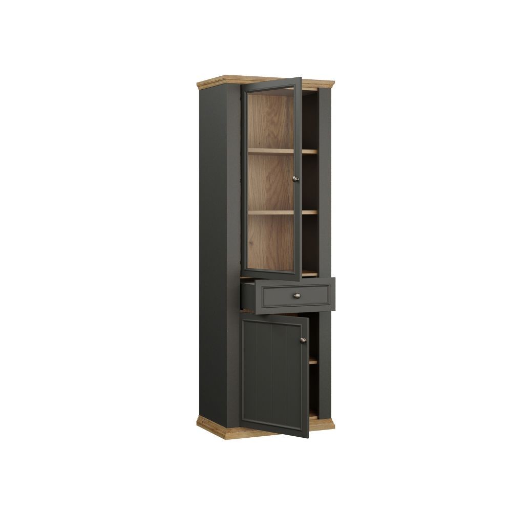 Vetrina Essenza con 1 anta a vetro 1 cassetto e 1 anta in stile classico colore grigio scuro e rovere