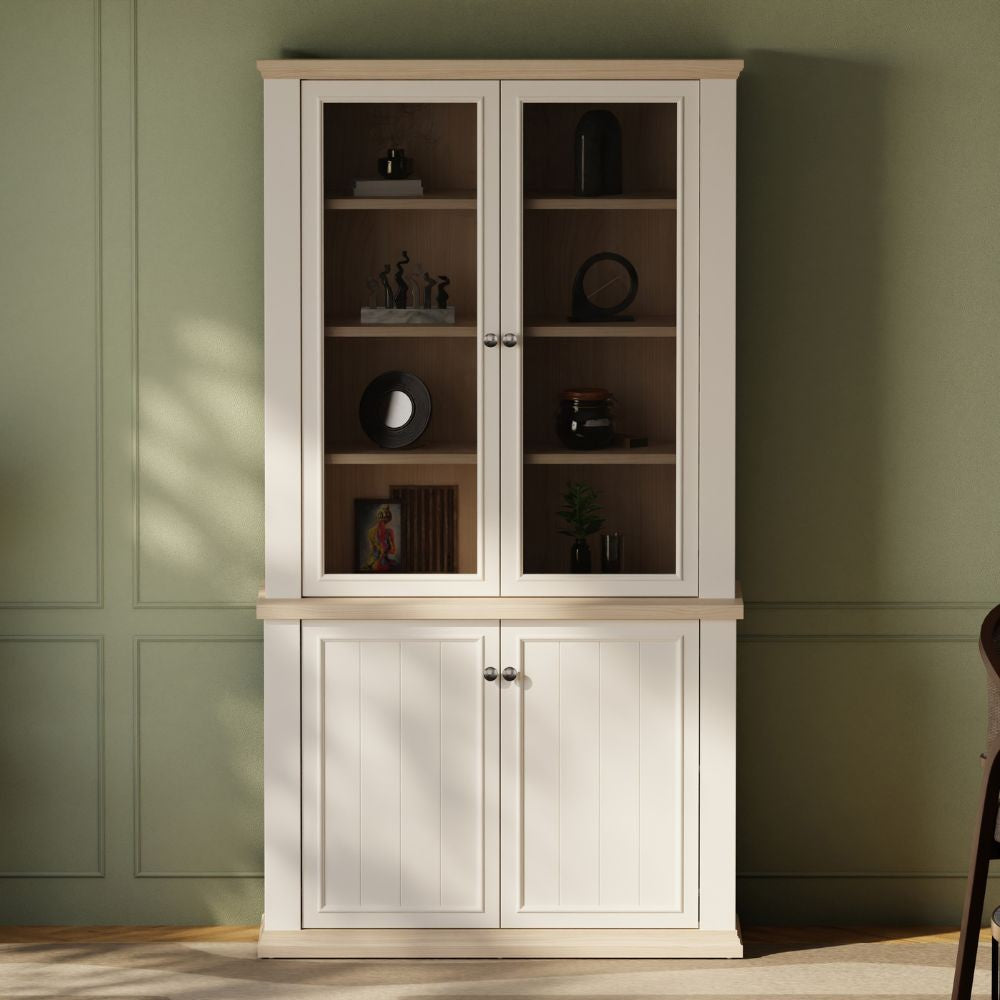 Vetrina Essenza con 2 ante a vetro e 2 ante in stile classico colore bianco e rovere