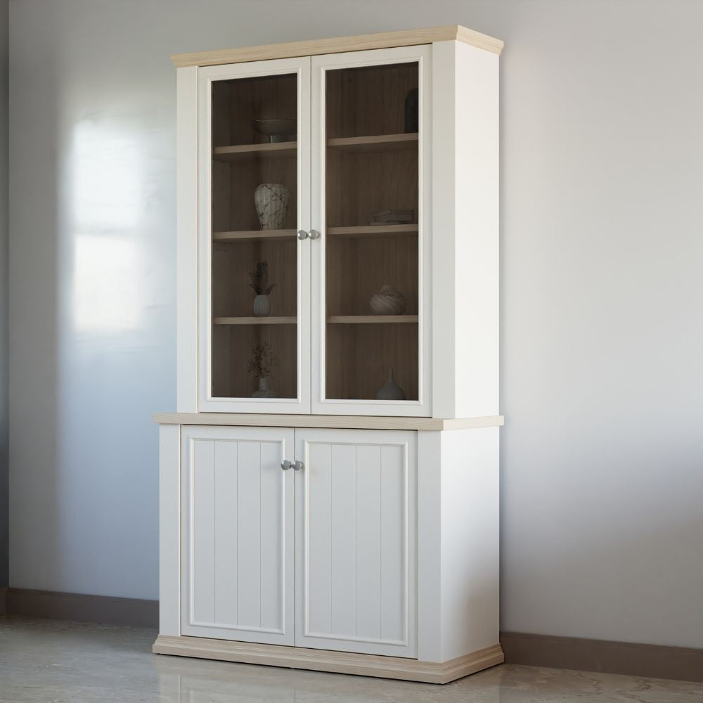 Vetrina Essenza con 2 ante a vetro e 2 ante in stile classico colore bianco e rovere