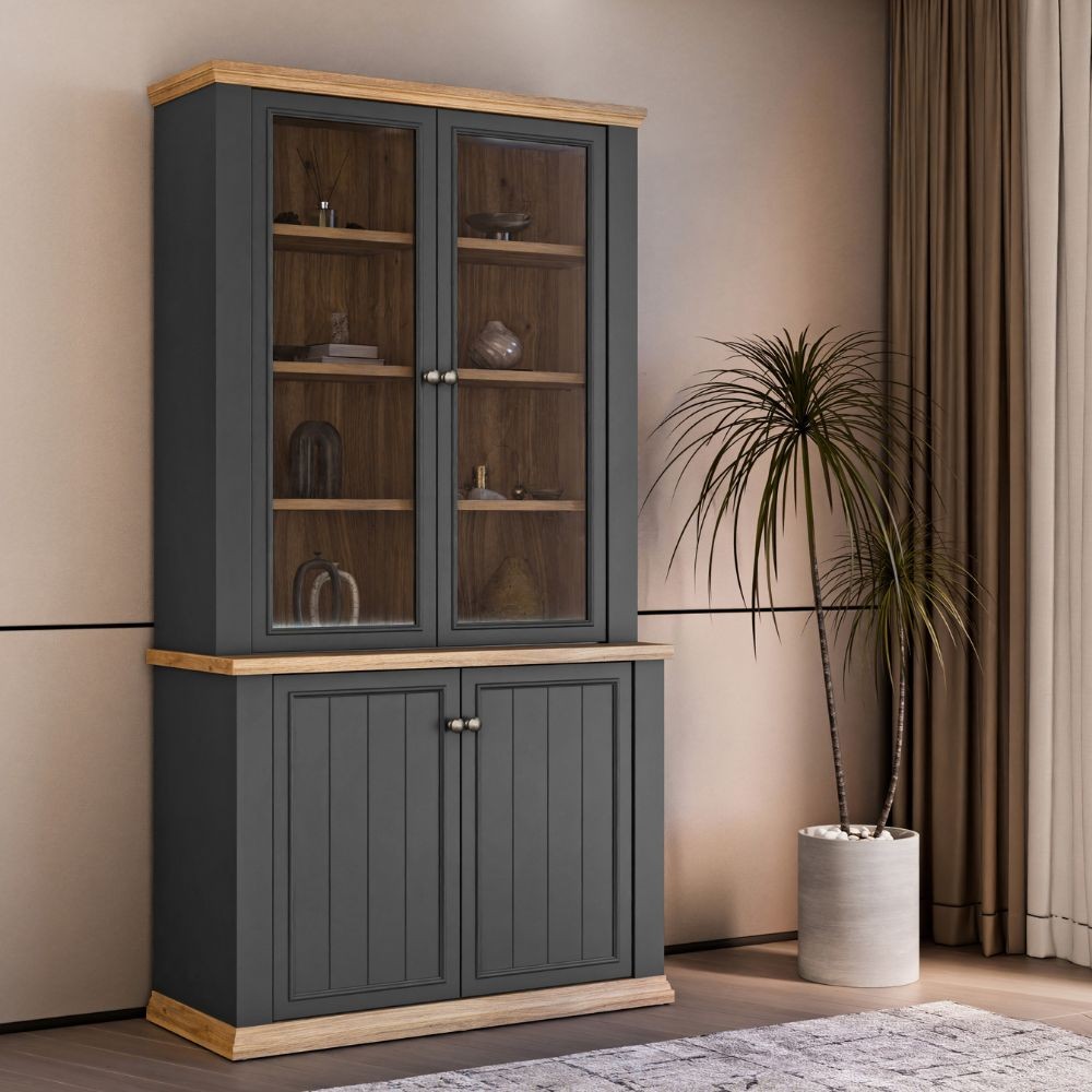Vetrina Essenza con 2 ante a vetro e 2 ante in stile classico colore grigio scuro e rovere