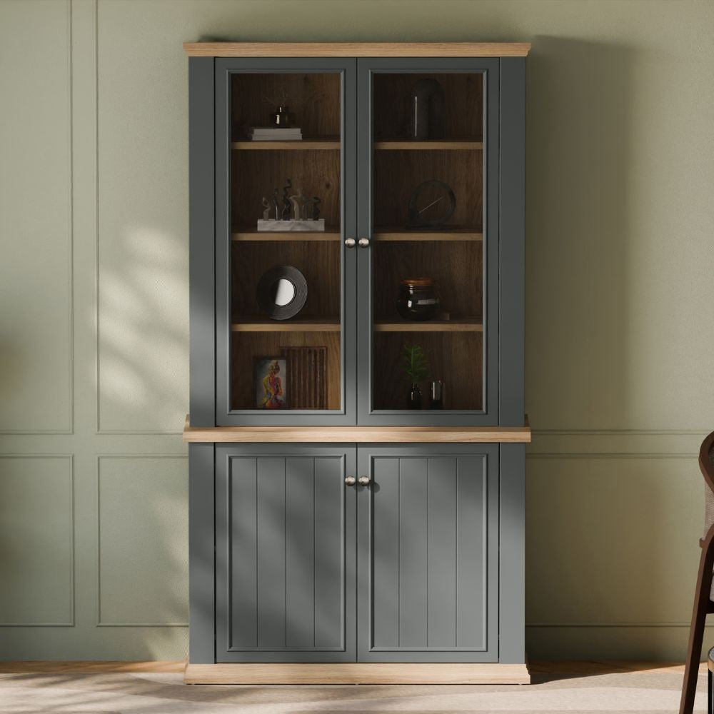 Vetrina Essenza con 2 ante a vetro e 2 ante in stile classico colore grigio scuro e rovere
