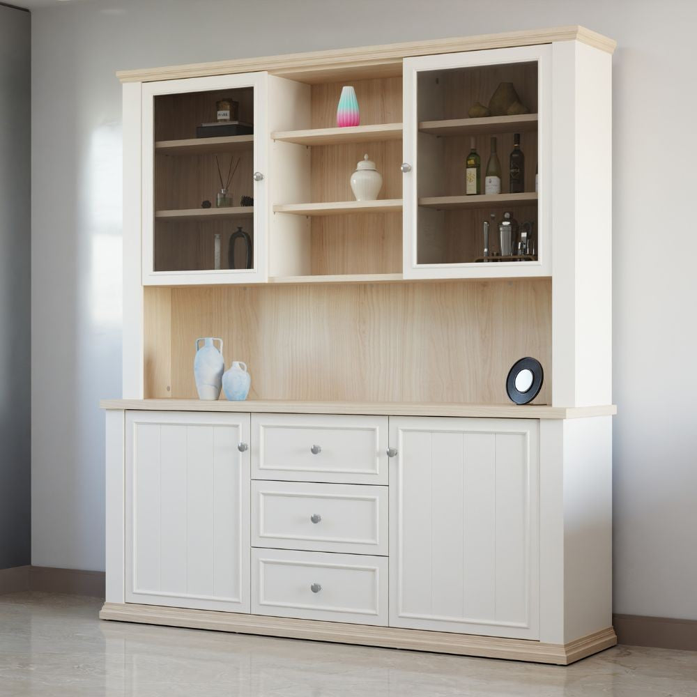 Vetrina Essenza con 4 ante 3 cassetti e nicchie a giorno colore bianco e rovere