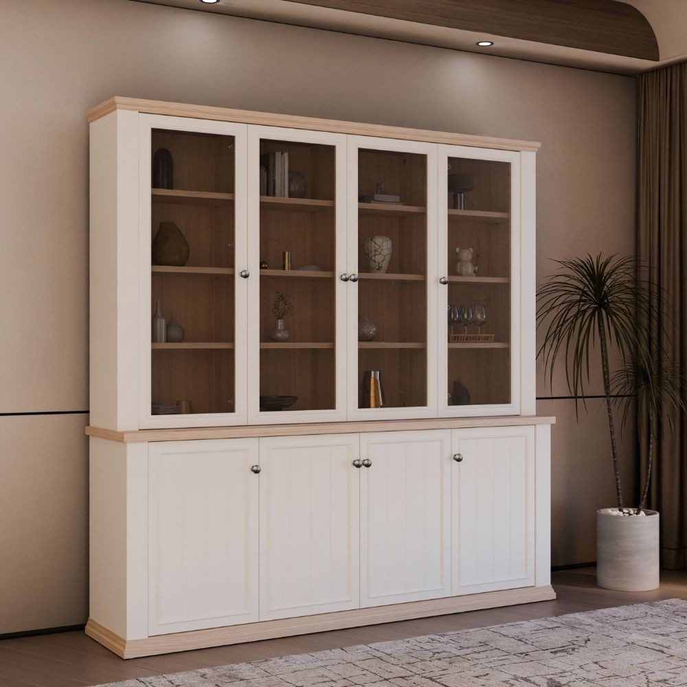 Vetrina Essenza con 4 ante a vetro e 4 ante in stile classico colore bianco e rovere