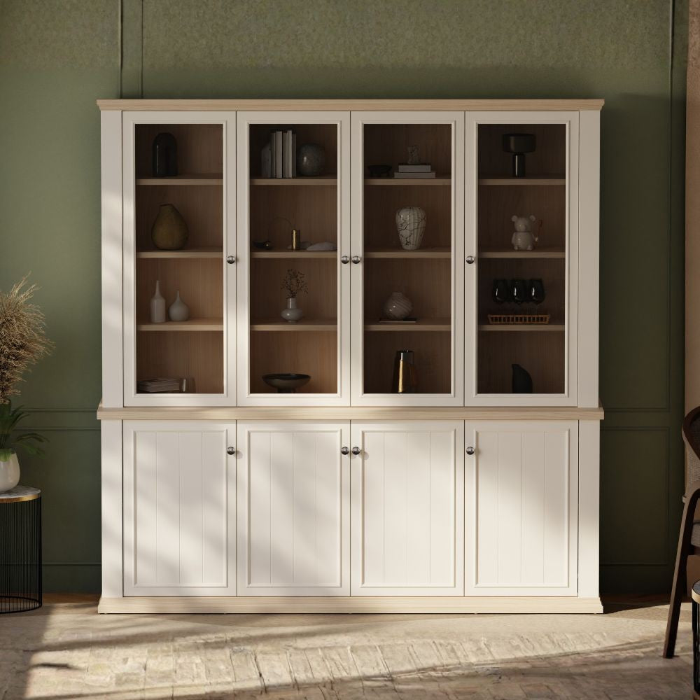 Vetrina Essenza con 4 ante a vetro e 4 ante in stile classico colore bianco e rovere