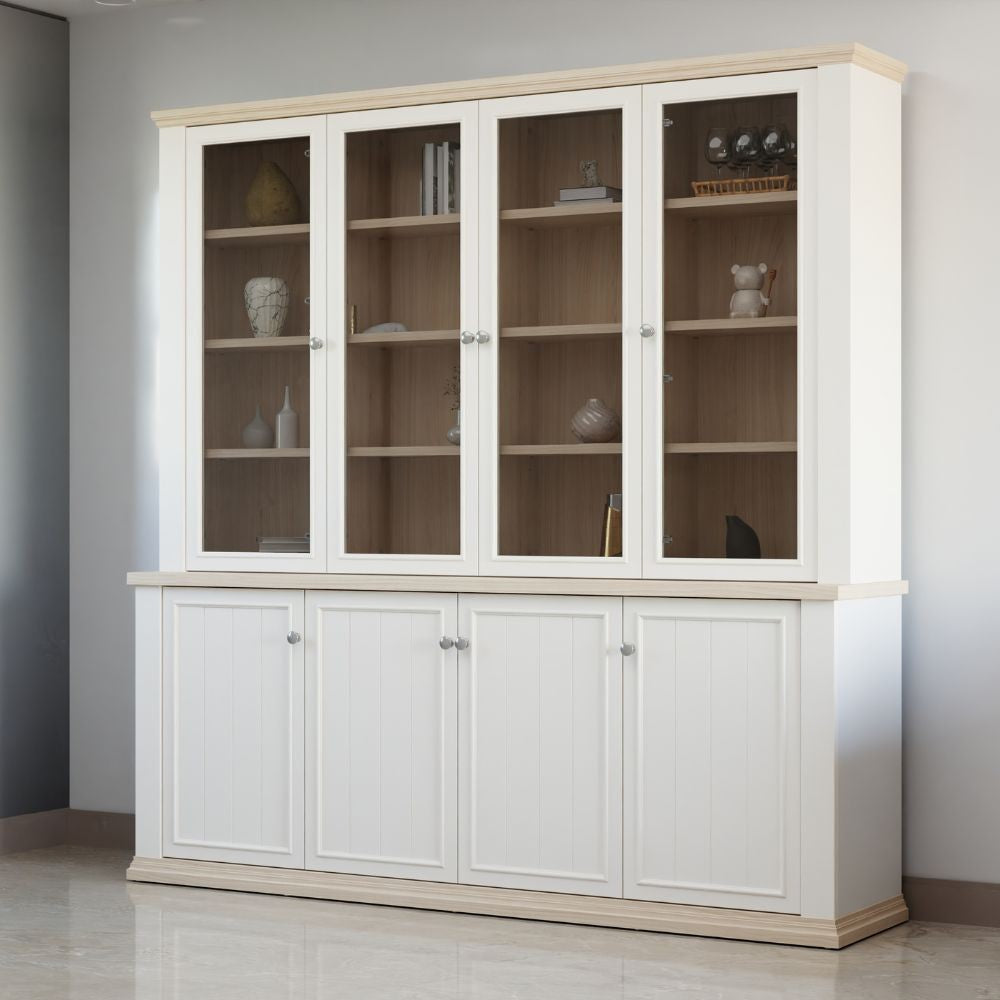 Vetrina Essenza con 4 ante a vetro e 4 ante in stile classico colore bianco e rovere