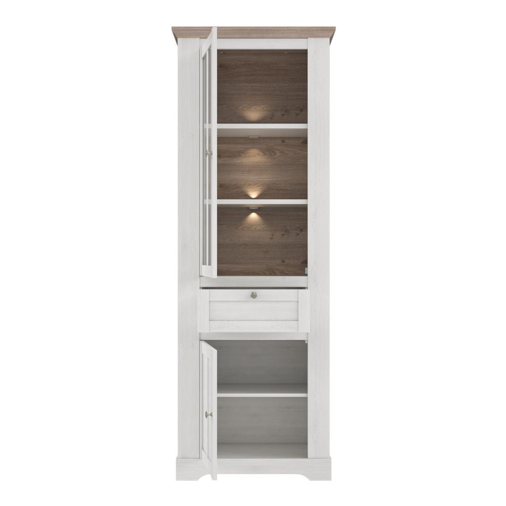 Vetrina Forma con 1 cassetto e 2 ante con luce integrata colore rovere neve e piano olmo scuro