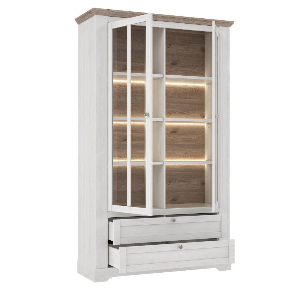 Vetrina Forma con 2 cassetti e 2 ante con vetro e con luce integrata colore rovere neve e piano olmo scuro