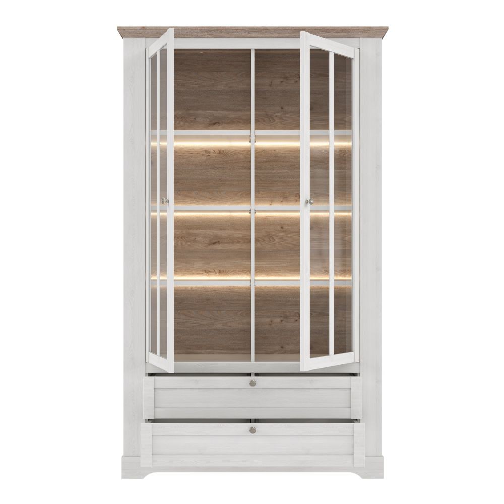 Vetrina Forma con 2 cassetti e 2 ante con vetro e con luce integrata colore rovere neve e piano olmo scuro