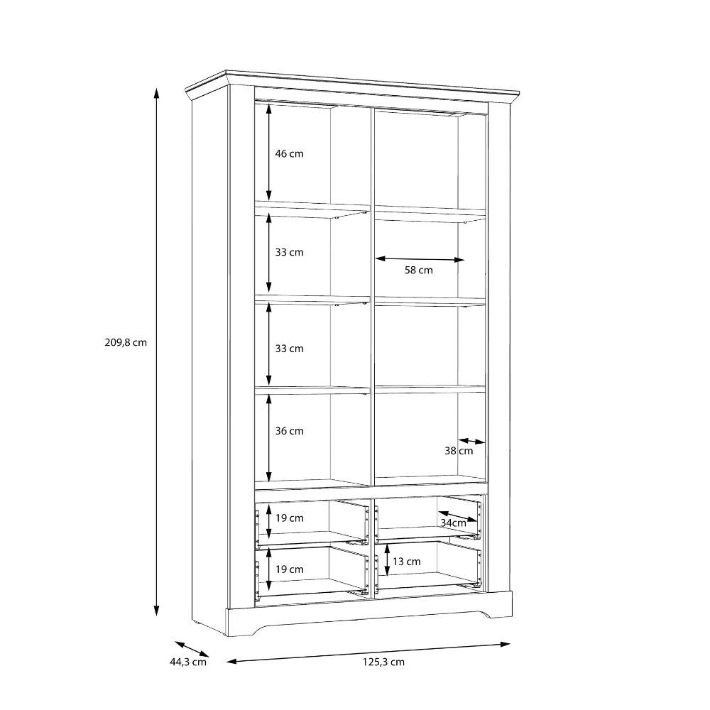 Vetrina Forma con 2 cassetti e 2 ante con vetro e con luce integrata colore rovere neve e piano olmo scuro