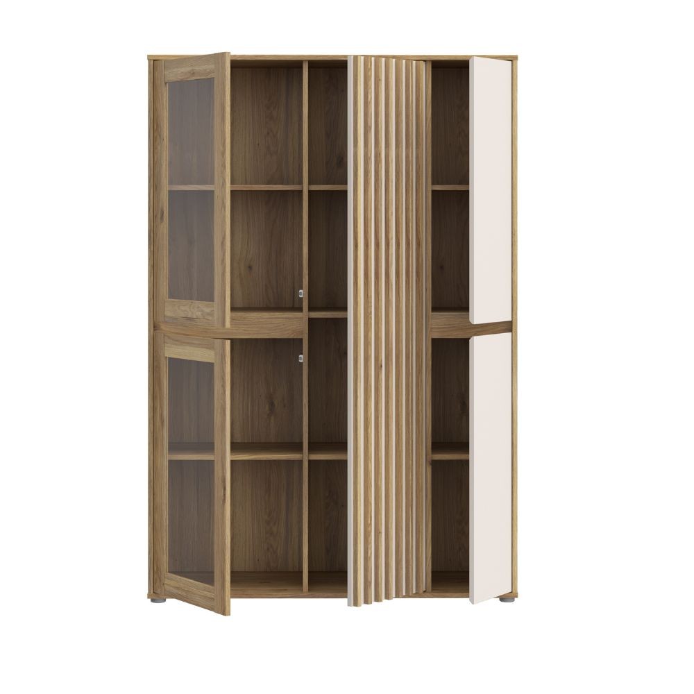 Vetrina Neutra con 2 ante in vetro temperato e 3 ante cashmere e struttura rovere