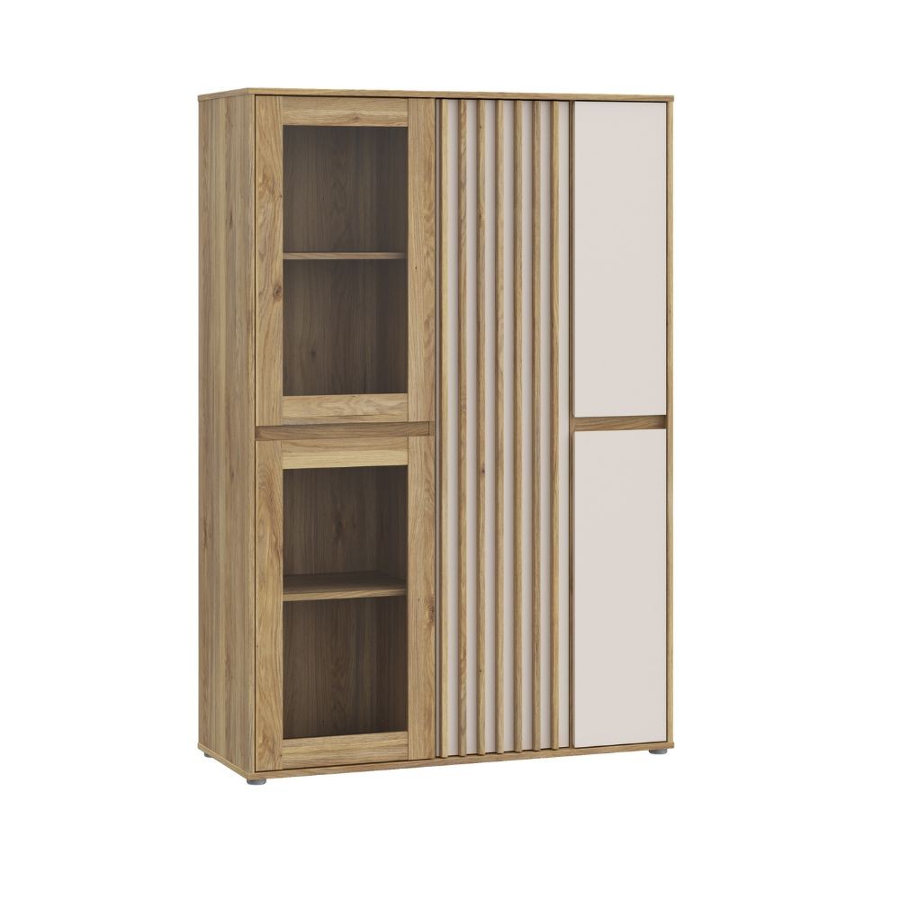 Vetrina Neutra con 2 ante in vetro temperato e 3 ante cashmere e struttura rovere