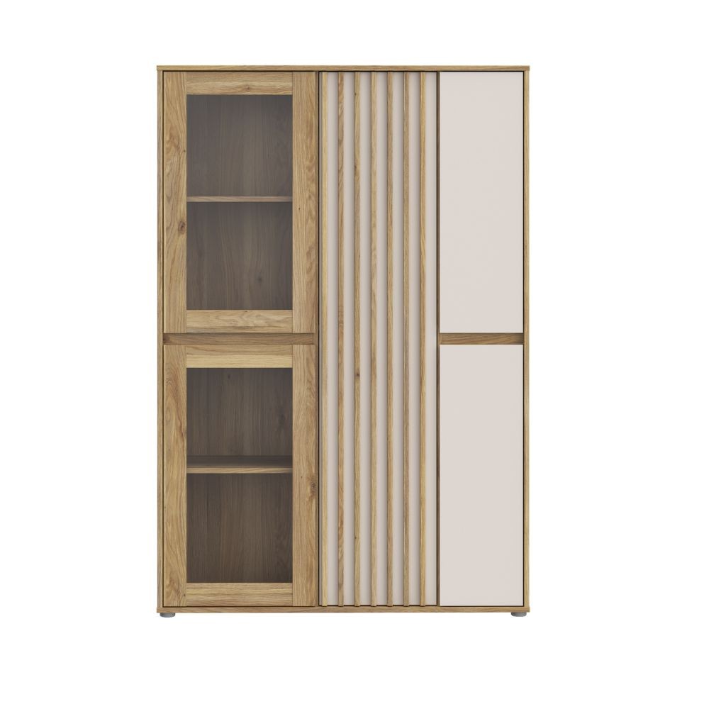 Vetrina Neutra con 2 ante in vetro temperato e 3 ante cashmere e struttura rovere