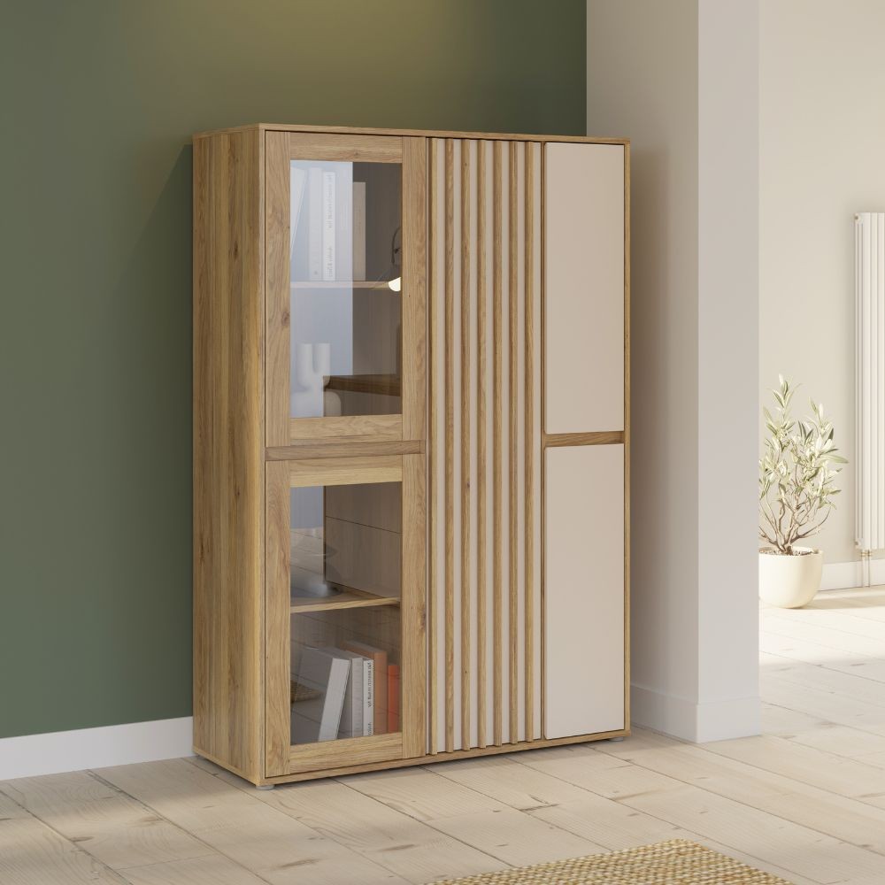 Vetrina Neutra con 2 ante in vetro temperato e 3 ante cashmere e struttura rovere